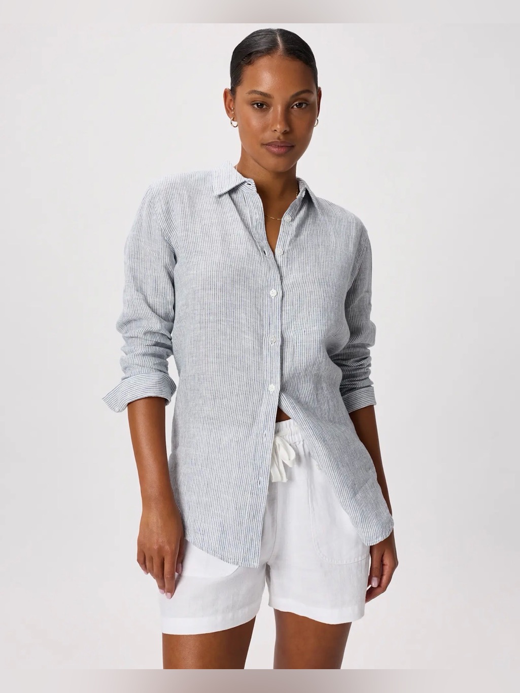 Quince 100% European Linen Long Sleeve Button Up Shirt Women’s S Blue Pinstripe
